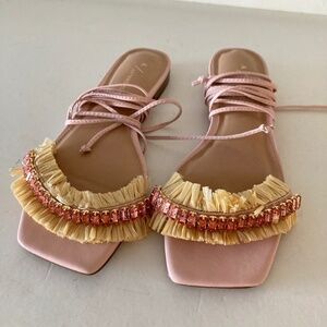 NWOT Anthropologie Embellished Tie Up Pink/Rose Raffia Square Toe Sandals